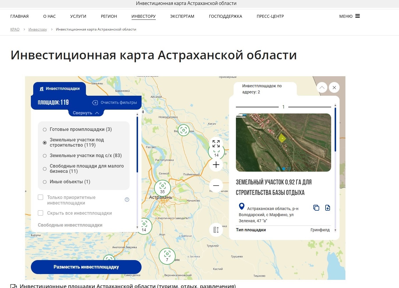 Более 200 площадок доступно бизнесу на инвесткарте Астраханской области